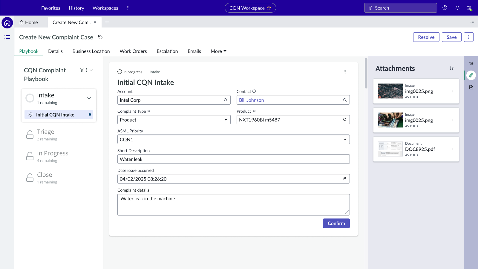 ServiceNow CQN intake form showing initial case creation with playbook and attachments