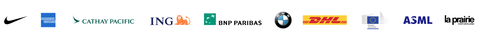 Logos of brands Jenny Kan has worked with: Nike, American Express, Cathay Pacific, ING, BNP Paribas, BMW, DHL, European Commission, ASML and La Prairie
