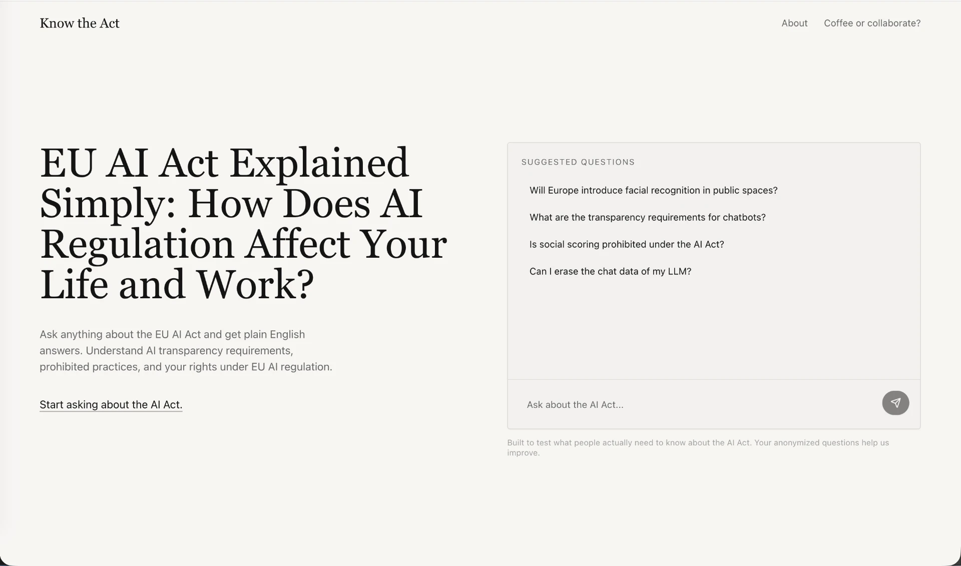 Know the Act — EU AI Act chatbot interface with suggested questions