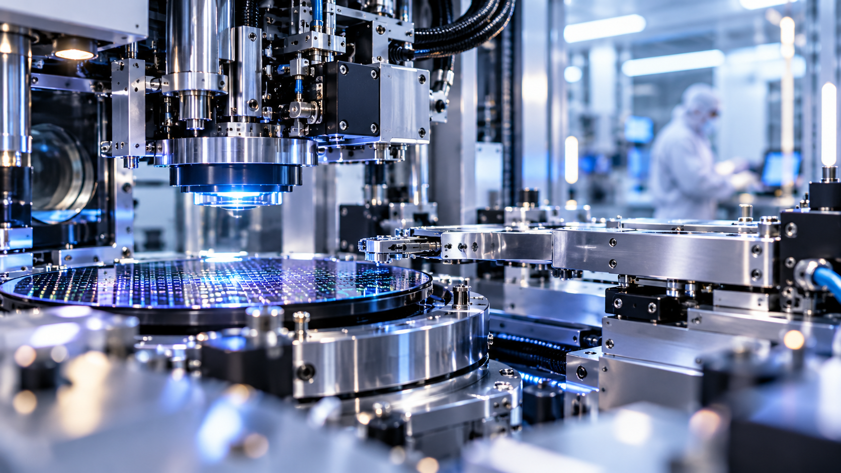 ASML semiconductor lithography machine processing a wafer in a cleanroom