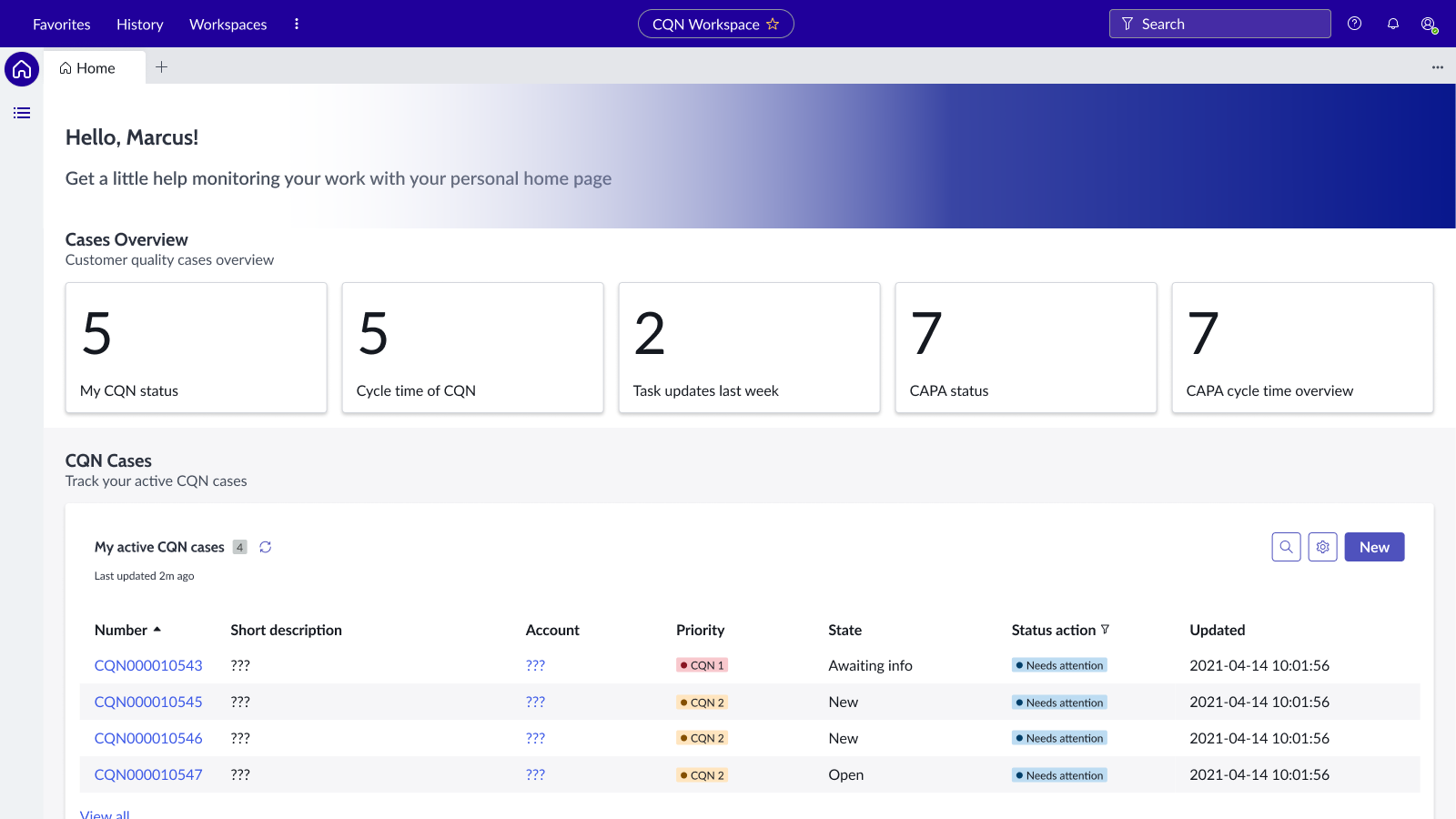 ServiceNow CQN workspace dashboard showing cases overview