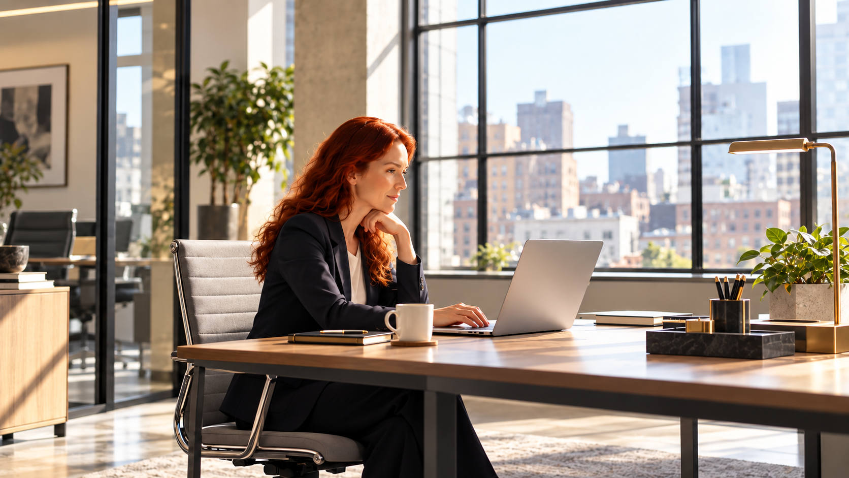 Professional working on a laptop in a bright modern office with city views