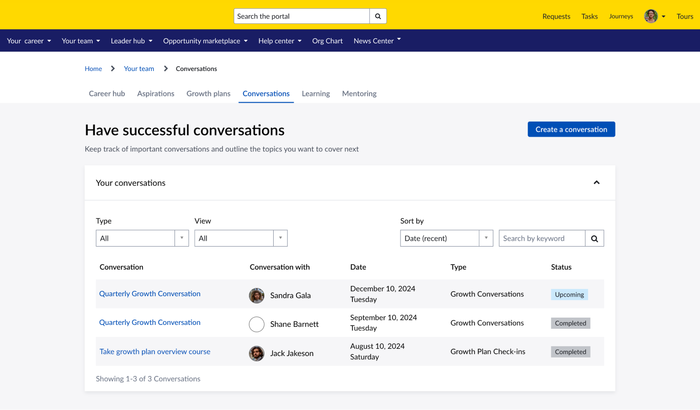 Conversations overview in the talent portal listing growth conversations and their status
