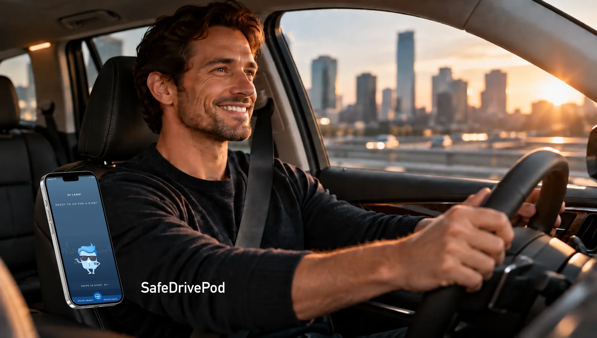 SafeDrivePod driver traveling safely through a city at sunset