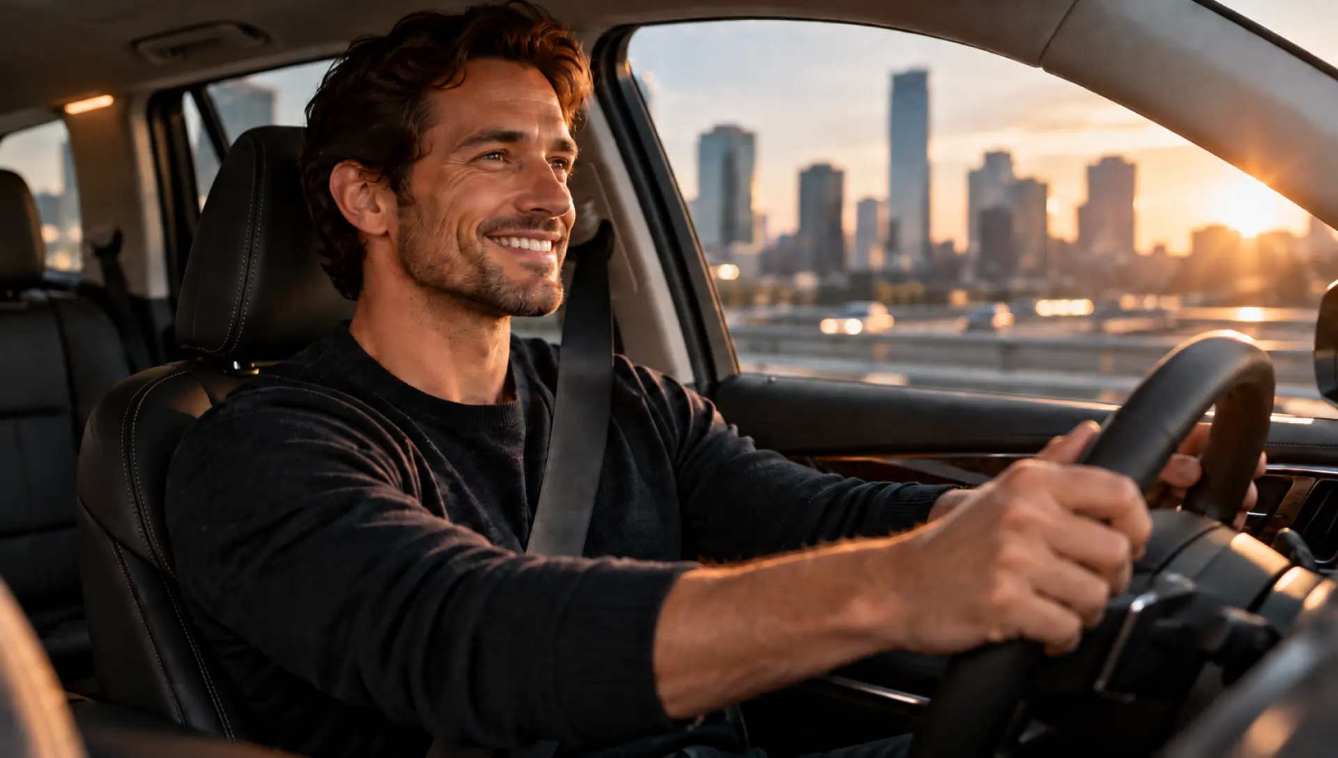 SafeDrivePod driver traveling safely through a city at sunset