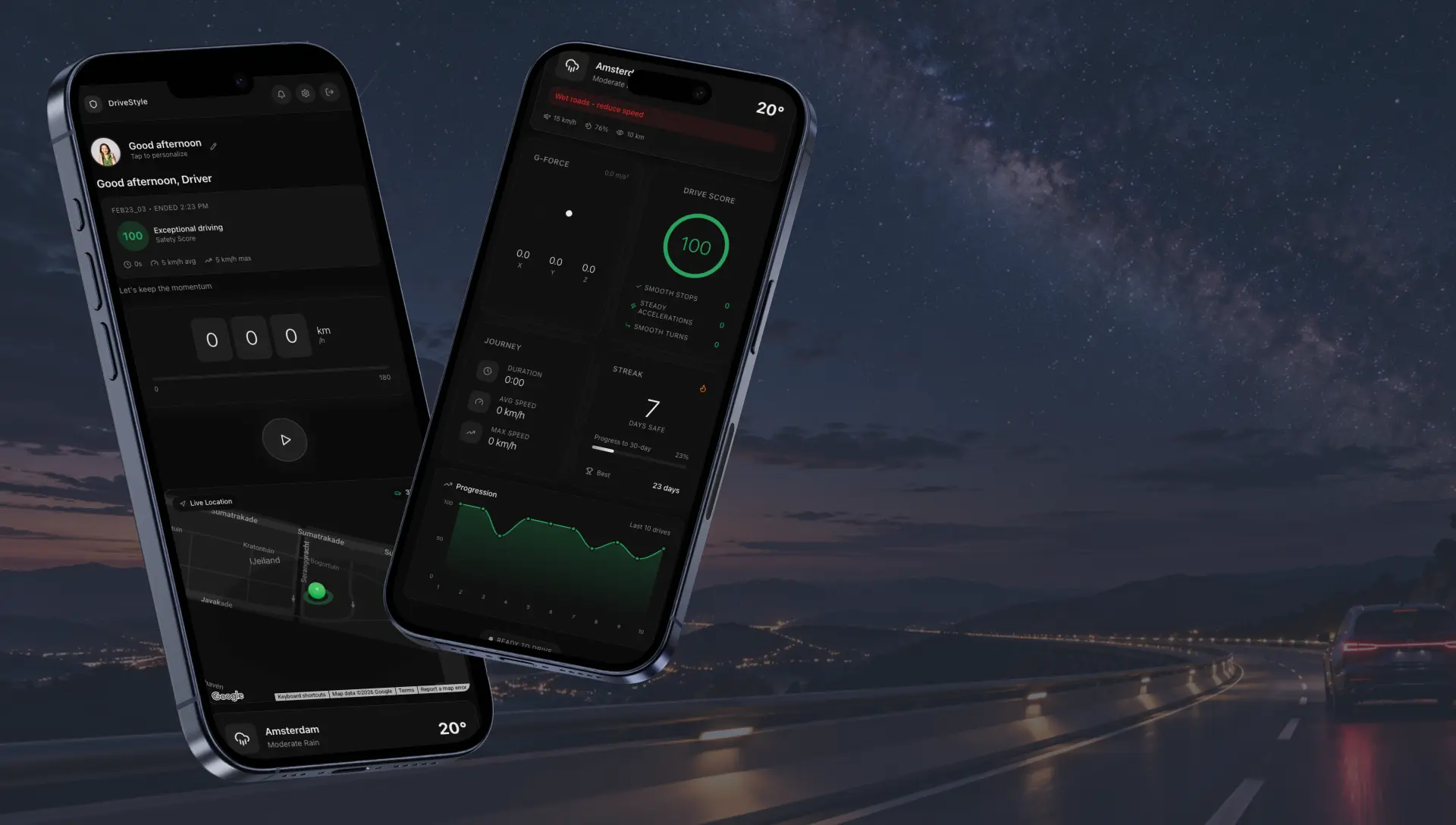 DriveStyle app screens showing driving scores over a night highway backdrop