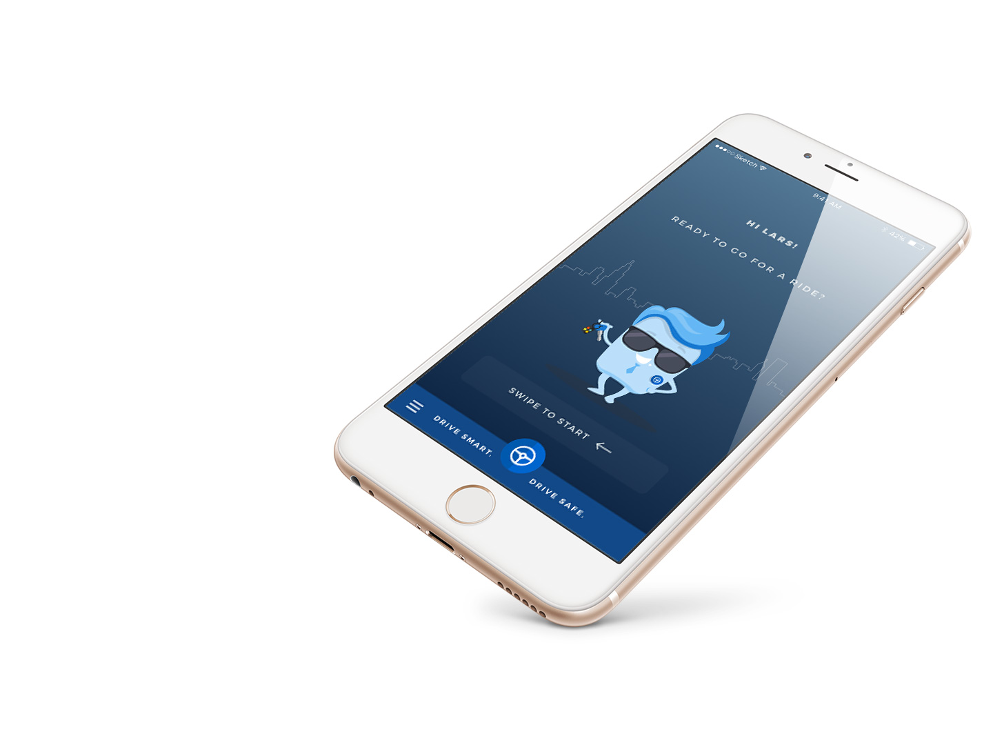 SafeDrivePod app home screen on a phone: “Hi Lars! Ready to go for a ride?” with a swipe-to-start button and the Drive Smart / Drive Safe navigation bar