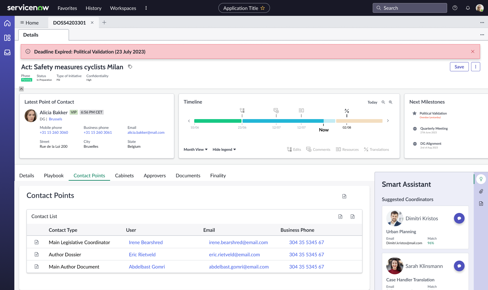 ServiceNow policy workspace dashboard showing the Act details, contact points, timeline and Smart Assistant for legislation management