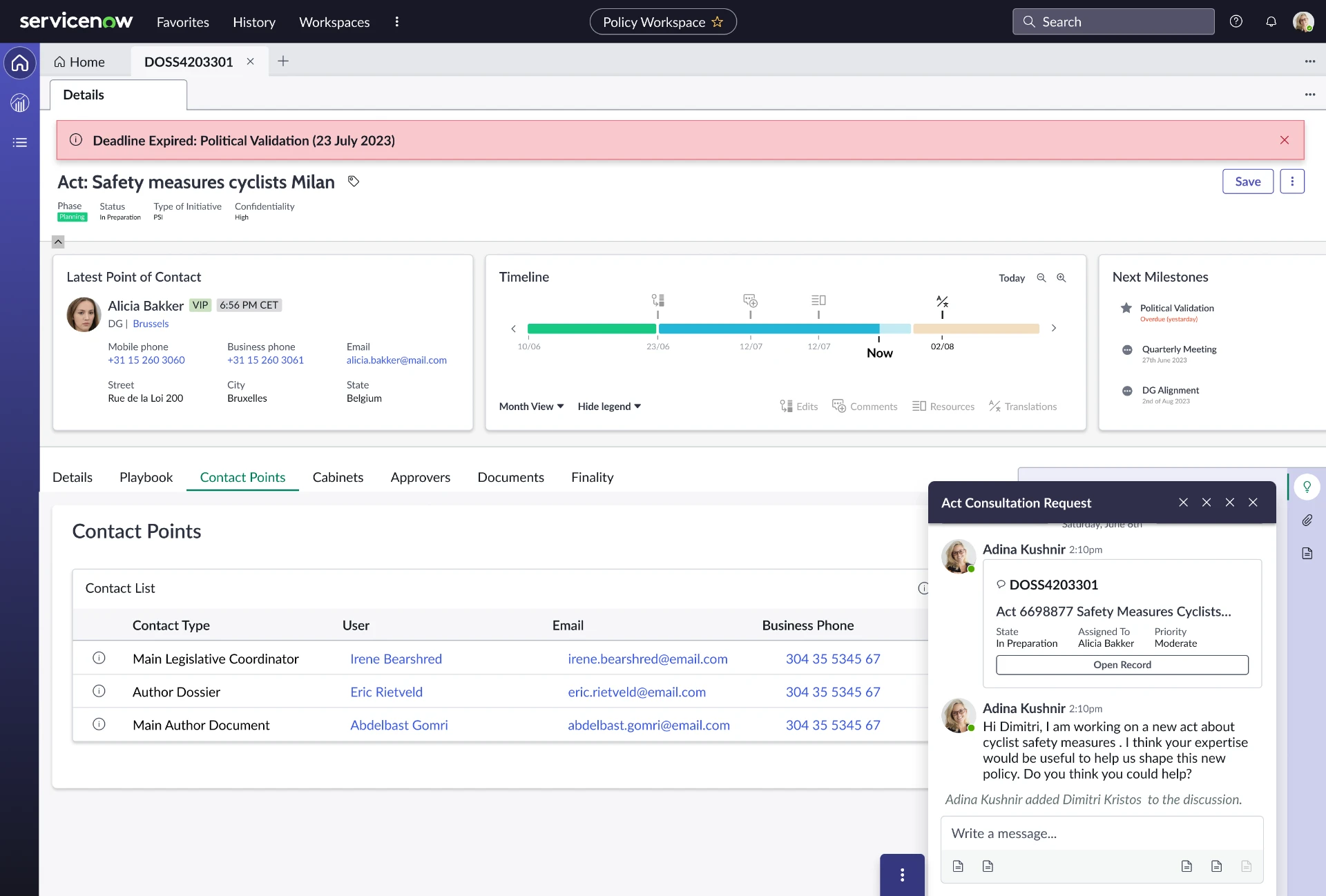 ServiceNow policy workspace showing the Act Consultation Request collaboration chat alongside the contact points list