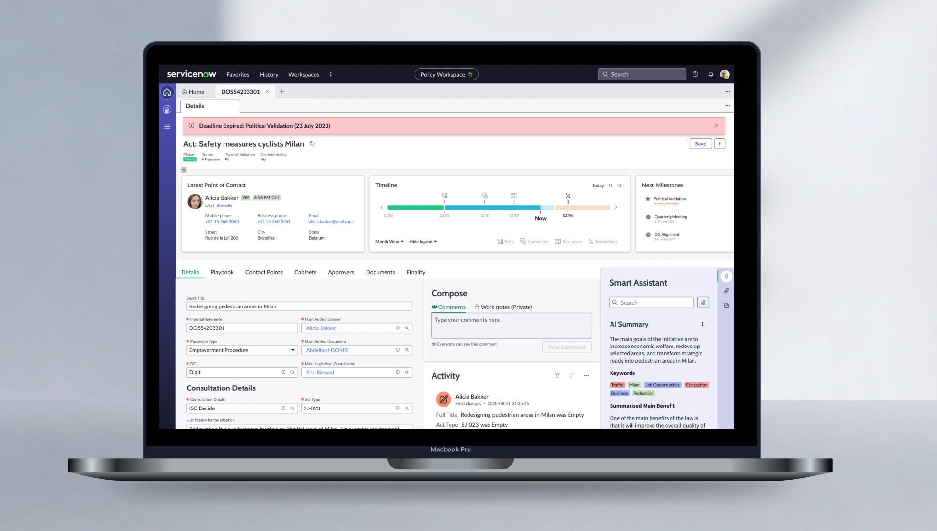 ServiceNow Policy Workspace dashboard showing the legislative case view on a MacBook Pro