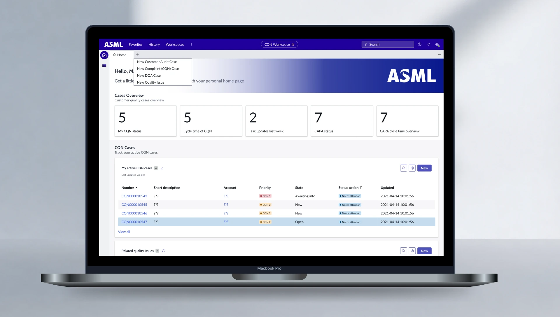 ASML quality case dashboard shown on a MacBook Pro