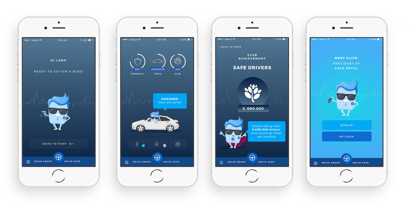 Four SafeDrivePod app screens side by side: meeting Clive the mascot on onboarding, the home screen, an active drive with personal, team and club progress, and club achievements
