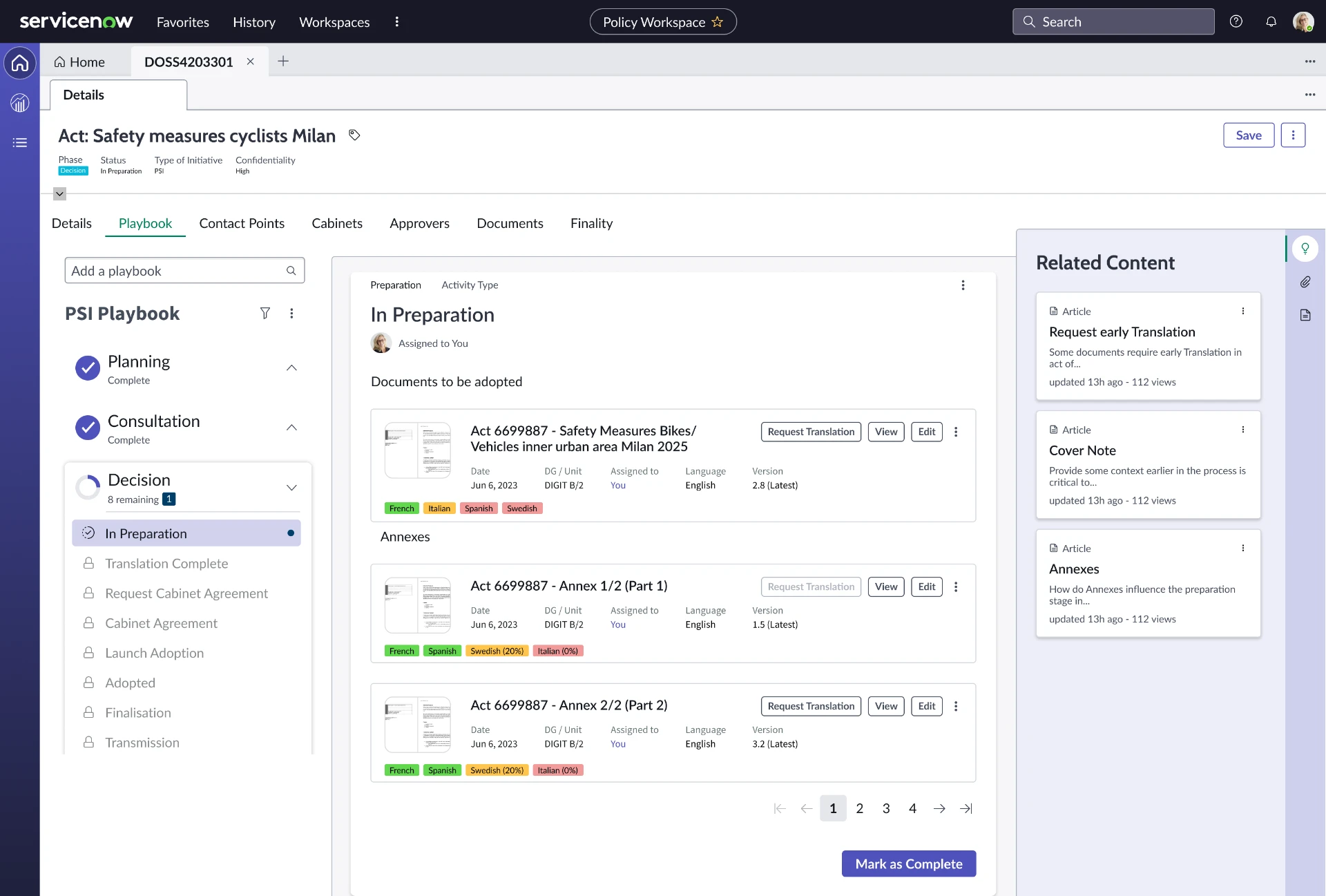 ServiceNow Policy Workspace showing the PSI Playbook with Planning, Consultation and Decision stages, documents in preparation and related content panel