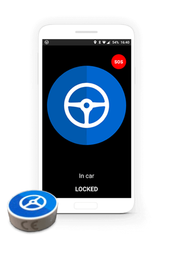 SafeDrivePod phone showing the In car, Locked screen with a steering-wheel button and an SOS badge, beside a small round beacon device carrying the same steering-wheel mark